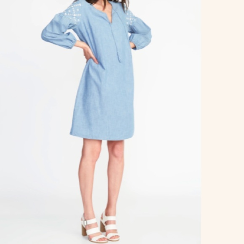Old Navy Embroidered Sleeves Tassle Chambray Dress Size L Tall